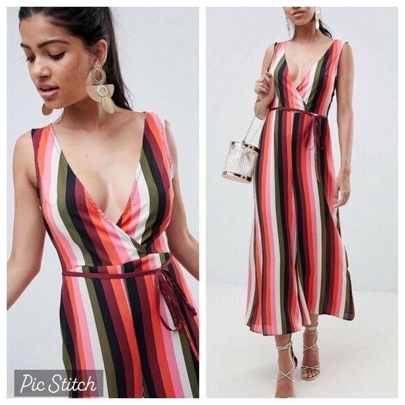 EUC ASOS Multicolor Stripe Crossfront Lowcut V Capri Jumpsuit - Size 2 - Picture 1 of 14